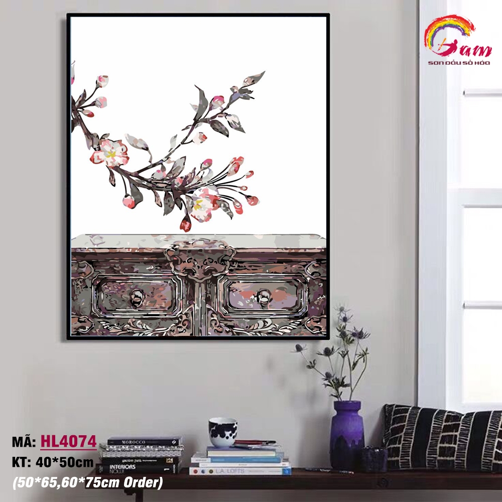 Tranh tô màu theo số sơn dầu số hóa Gam Hoa anh đào cổ HL4074