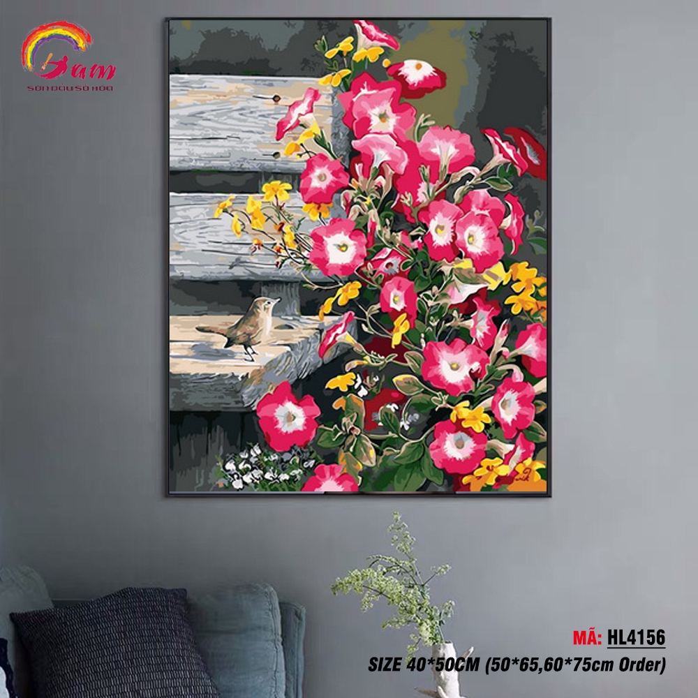 Tranh tô màu theo số Gam chú chim và cành hoa HL4156