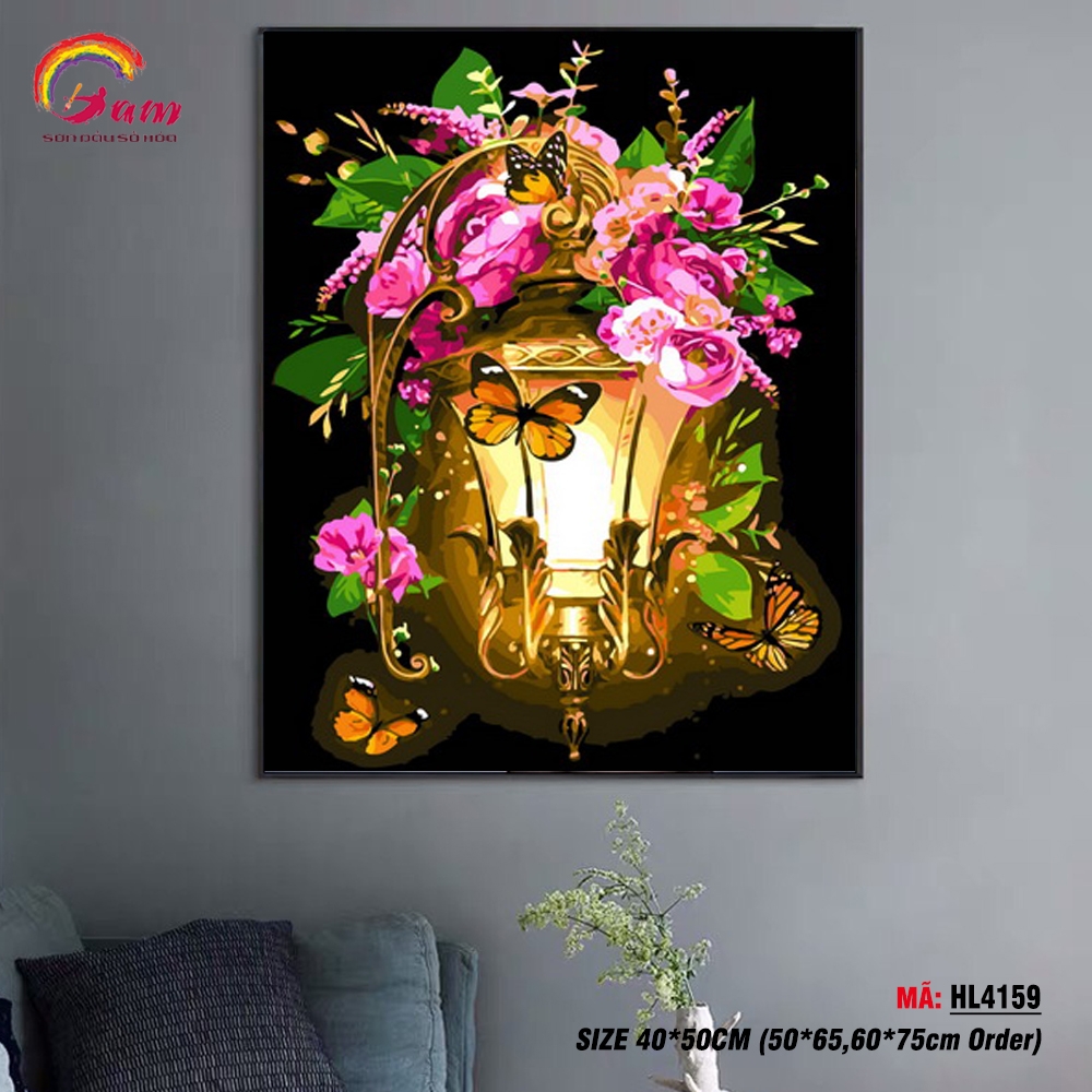 Tranh tô màu theo số Gam bướm hoa bên ánh đèn HL4159