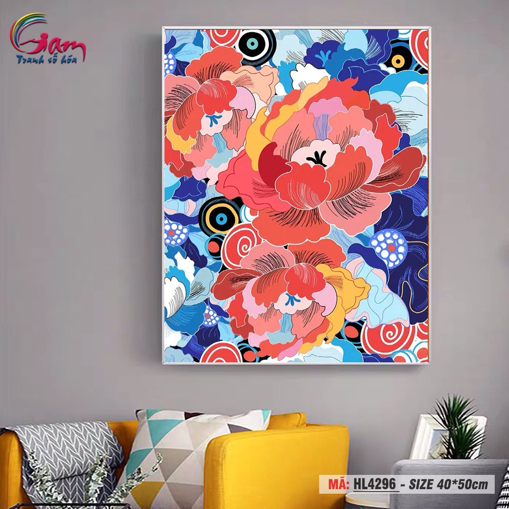 Tranh trang trí tự tô màu theo số Gam hoa mẫu đơn cách điệu bảy sắc HL4296