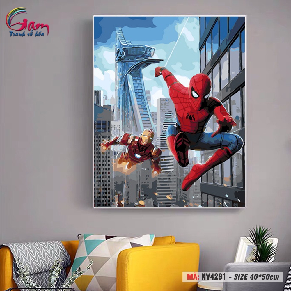 Tranh trang trí tự tô màu theo số Gam người nhện và người sắt Spider man và Iron man NV4291