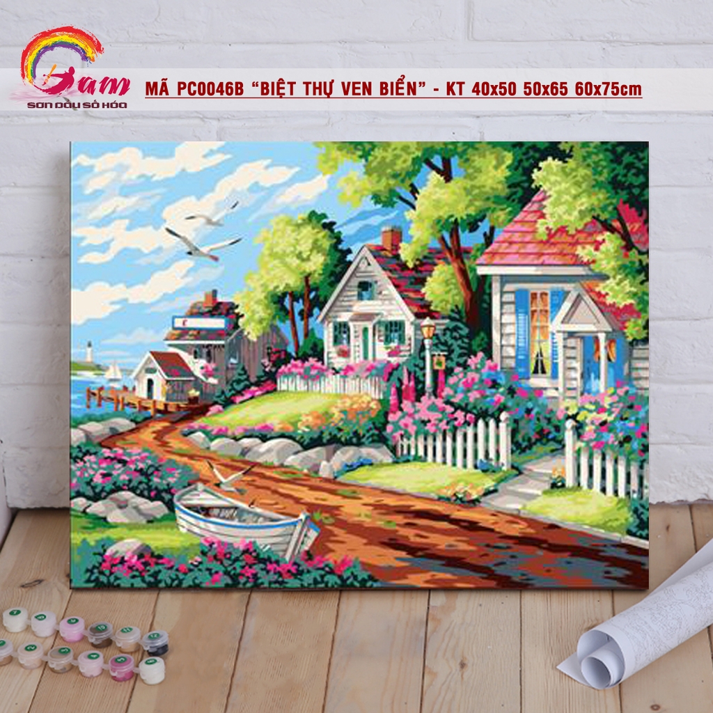 Tranh sơn dầu số hoá tự tô màu Gam Biệt thự ven biển PC0046B