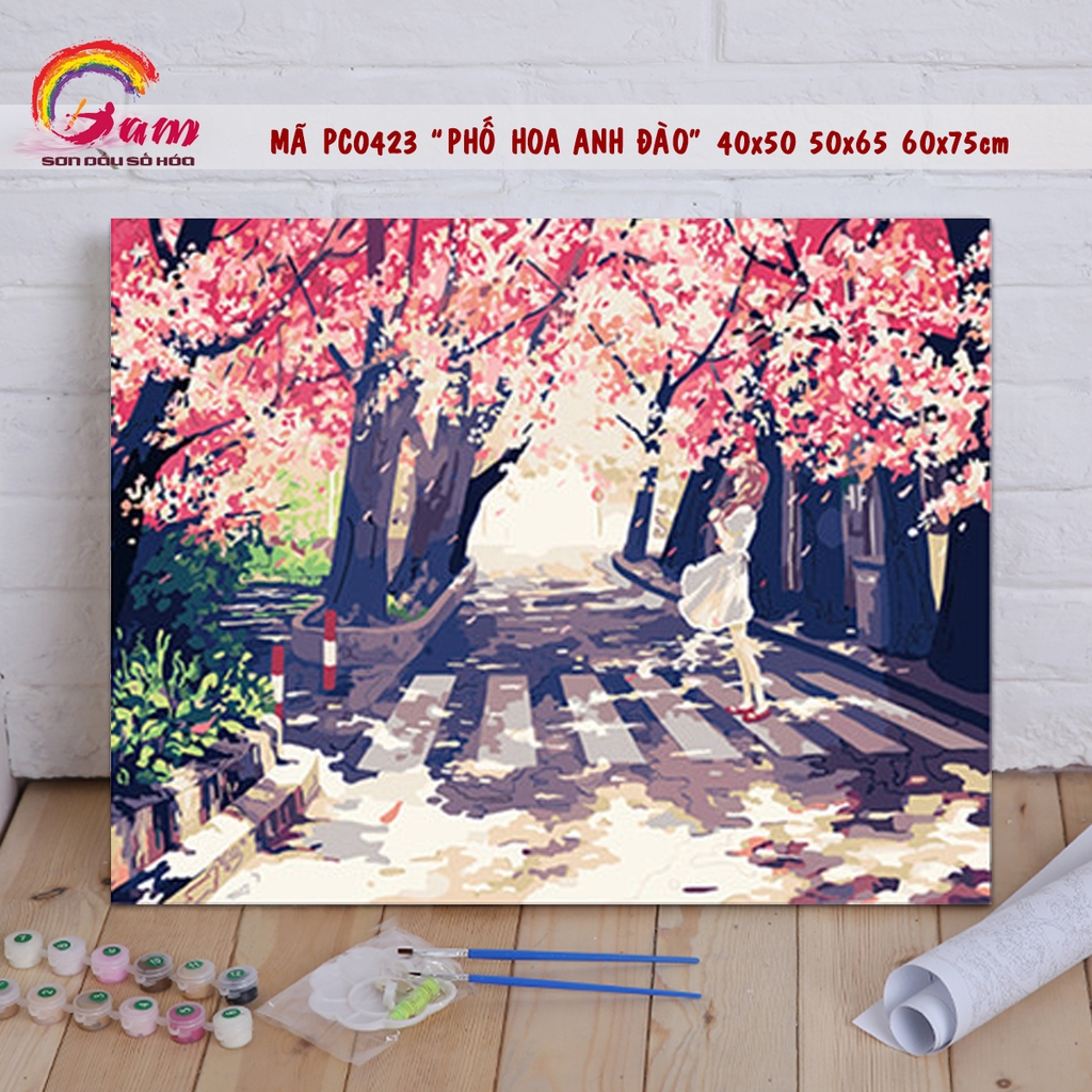Tranh sơn dầu số hoá tự tô phong cảnh hoa đào Phố hoa mã PC0423