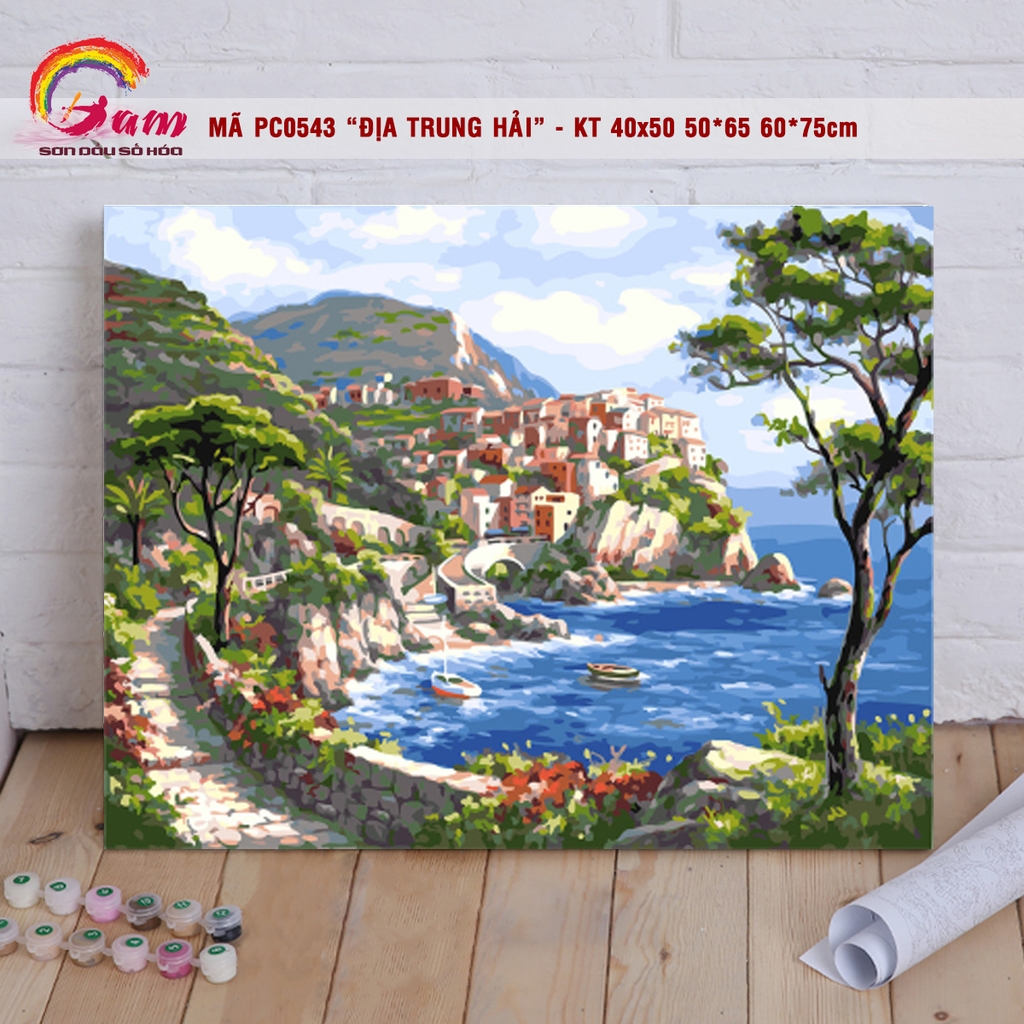 Tranh tự tô màu sơn dầu số hóa Phong cảnh bờ biển Địa Trung Hải PC0543