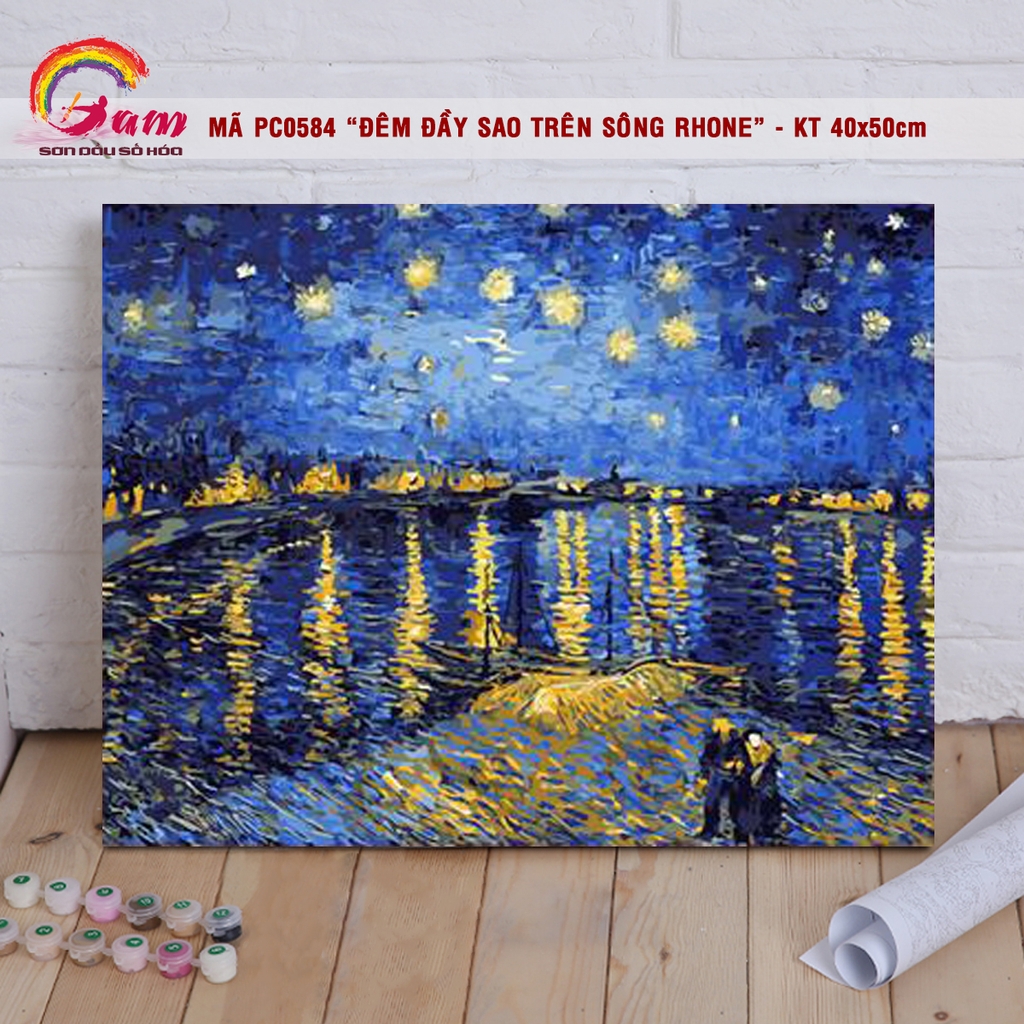 Tranh sơn dầu số hóa tự tô màu trừu tượng Van Gogh - Mã PC0584 Đêm đầy sao trên sông Rhone