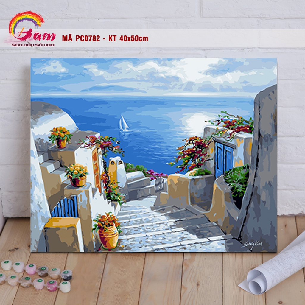 Tranh sơn dầu tự tô màu phong cảnh bờ biển Địa Trung Hải Santorini PC0782