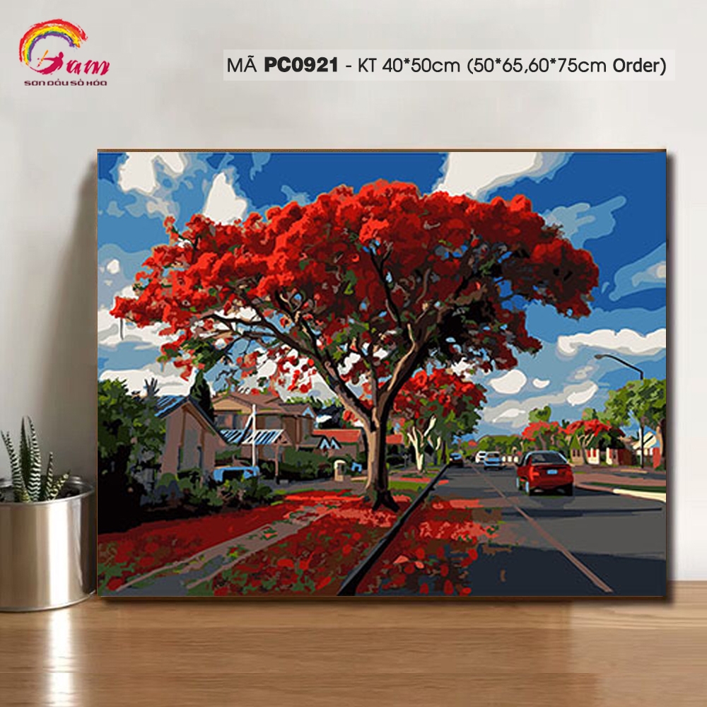 Tranh tự tô màu theo số sơn dầu số hóa Gam Tranh phong cảnh con đường hoa phượng mùa hè PC0921