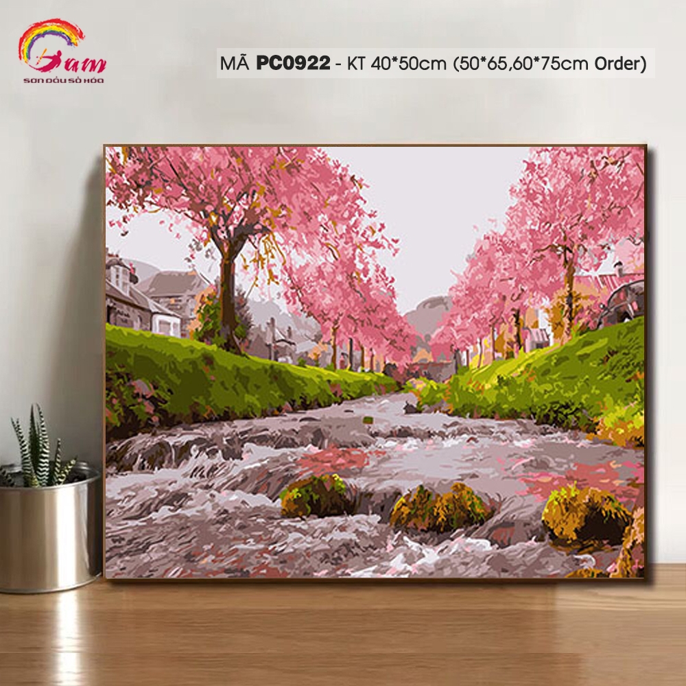 Tranh tự tô màu theo số sơn dầu số hóa Gam Tranh phong cảnh dòng suối hoa anh đào PC0922