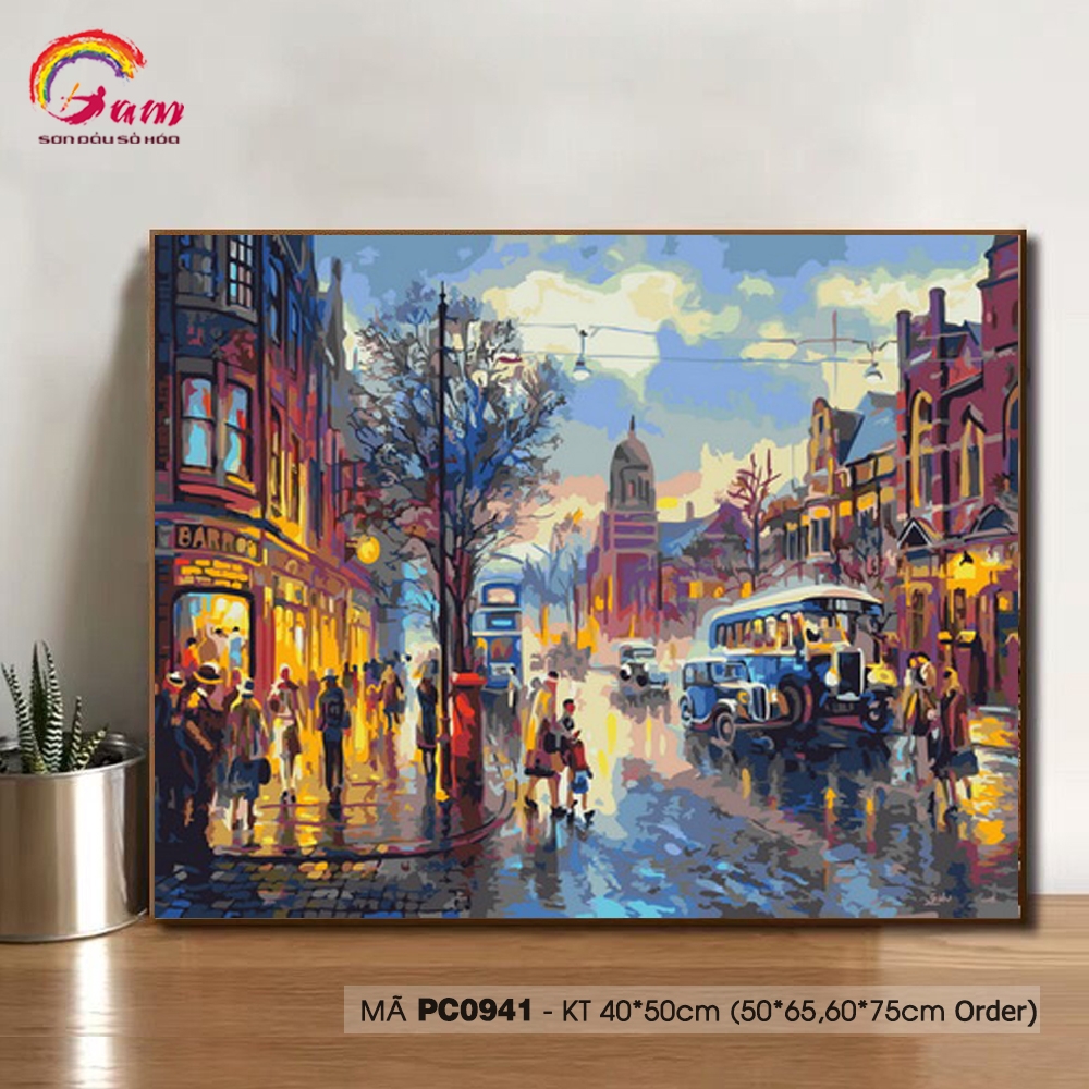 Tranh tô màu theo số sơn dầu số hóa Gam Tranh phong cảnh đường phố góc phố cổ Châu Âu PC0941