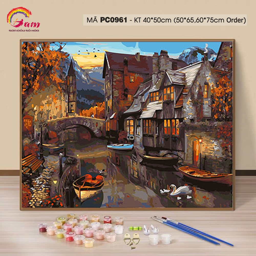 Tranh tự vẽ tự tô màu theo số sơn dầu số hóa Gam phố cổ Venice mùa thu hoàng hôn PC0961