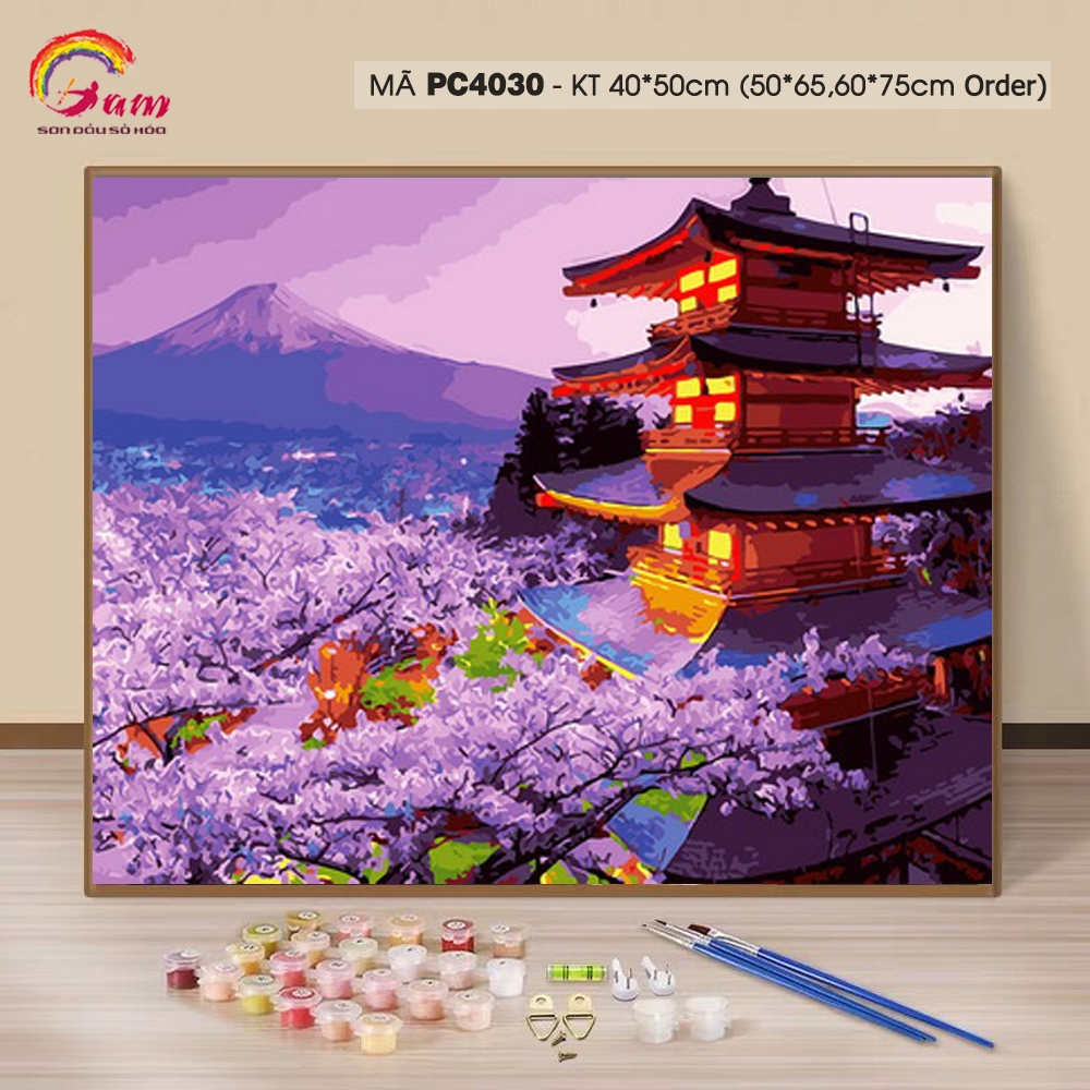 Tranh sơn dầu số hóa tự tô màu theo số Hoa anh đào Núi Phú Sĩ Nhật Bản PC4030