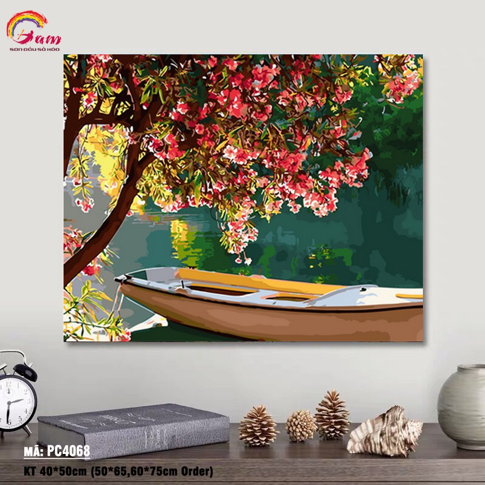 Tranh tô màu theo số sơn dầu số hóa Gam phong cảnh hồ nước nắng sớm PC4068