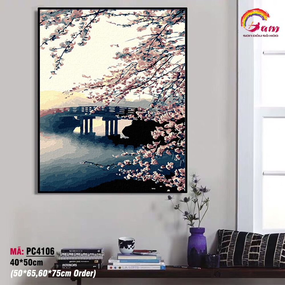 Tranh sơn dầu số hóa tự tô màu Gam phong cảnh hoa anh đào PC4106