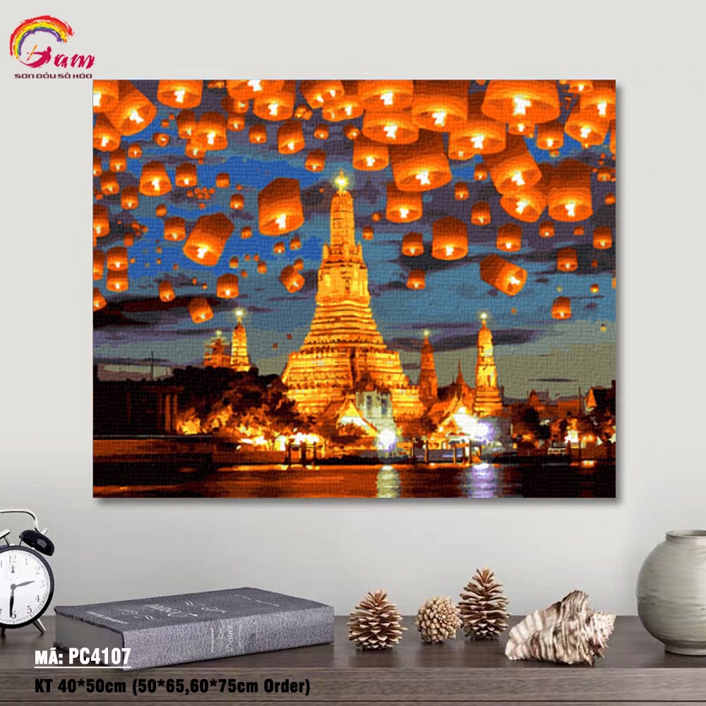 Tranh sơn dầu số hóa tự tô màu Gam lễ hội đèn trời chùa Wat Arun PC4107