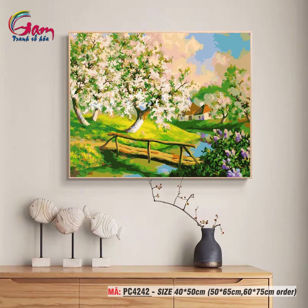 Tranh tô màu theo số Gam hoa anh đào bên cầu PC4242