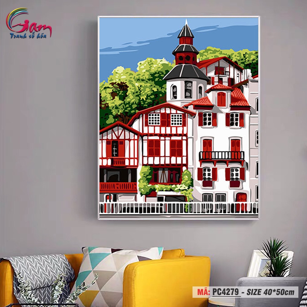 Tranh trang trí tự tô màu theo số Gam ngôi nhà màu đỏ PC4279