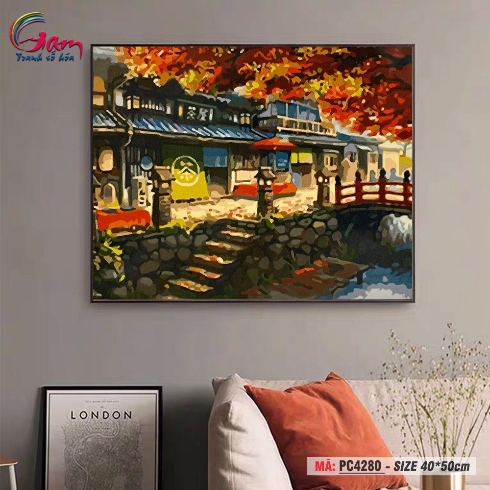 Tranh trang trí tự tô màu theo số Gam phong cảnh tiệm trà Nhật Bản PC4280