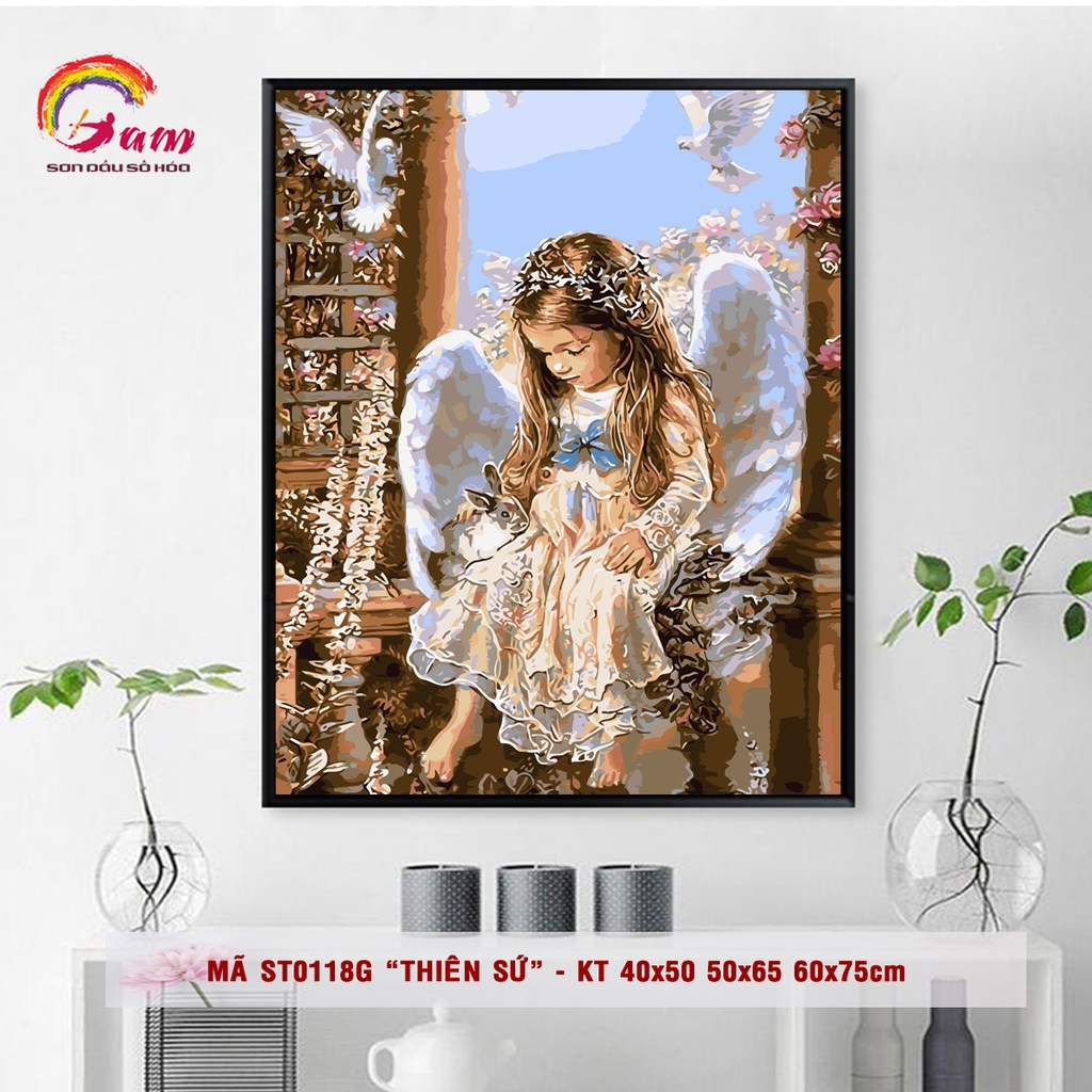 Tranh tự tô màu theo số Gam Tranh thiên sứ Em bé ngồi bên cửa sổ mã ST0118G