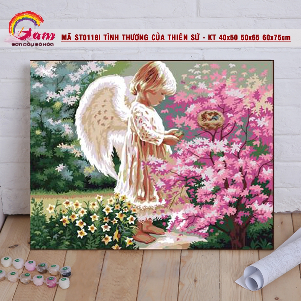 Tranh sơn dầu số hóa tự tô màu theo số Gam - Tranh thiên thần tình thương của thiên sứ mã ST0118I
