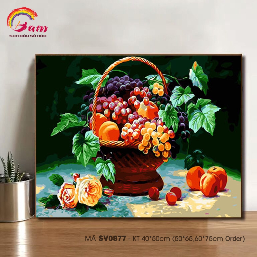 Tranh tô màu số hóa Gam Tranh tĩnh vật giỏ hoa quả nho và cam mã SV0877