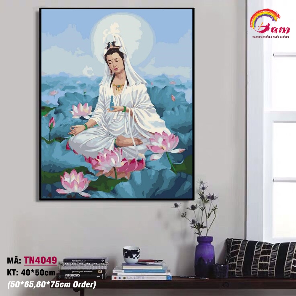 Tranh tô màu theo số sơn dầu số hóa Gam Phật Quan Âm hoa sen TN4049