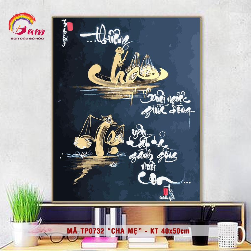 Tranh tự tô màu số hóa Gam thư pháp Việt Cha mẹ mã TP0732