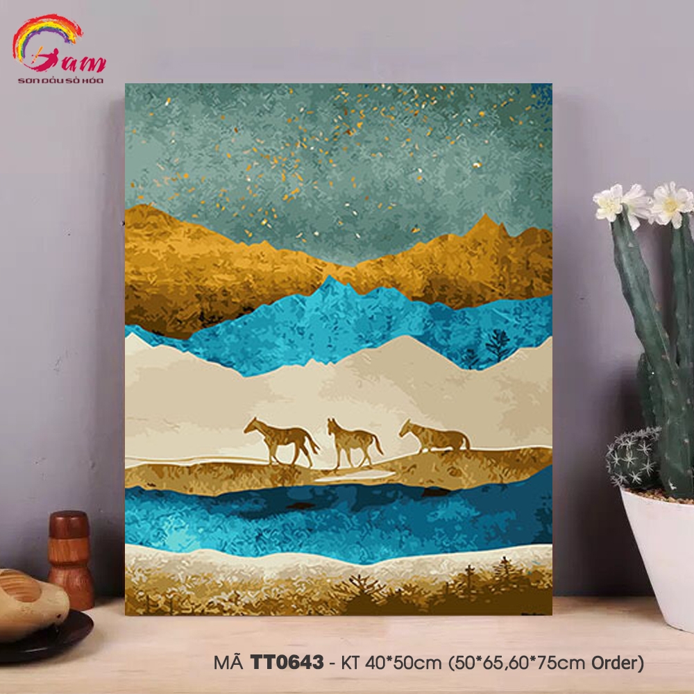Tranh tự tô màu sơn dầu số hóa trừu tượng - Mã TT0643 Đàn ngựa trong sa mạc