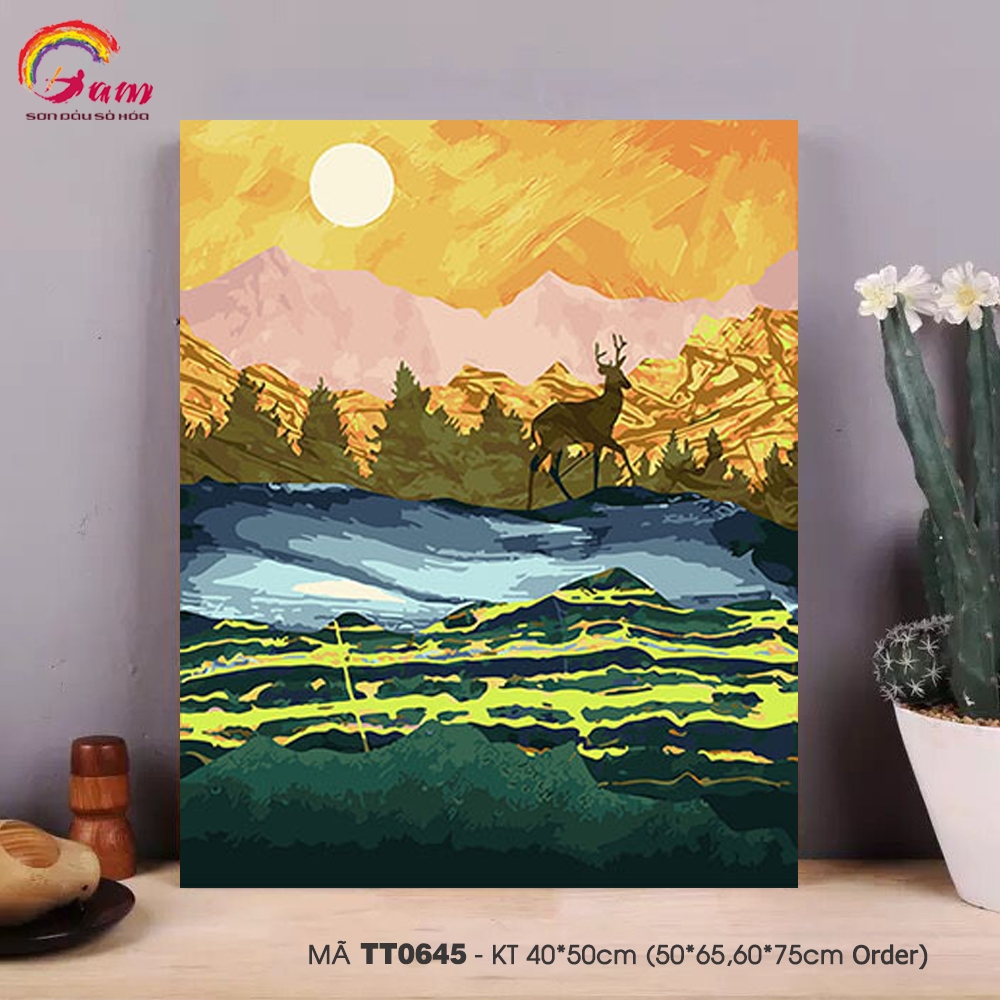Tranh tự tô màu sơn dầu số hóa trừu tượng - Mã TT0645 Hươu nai tuần lộc trên núi