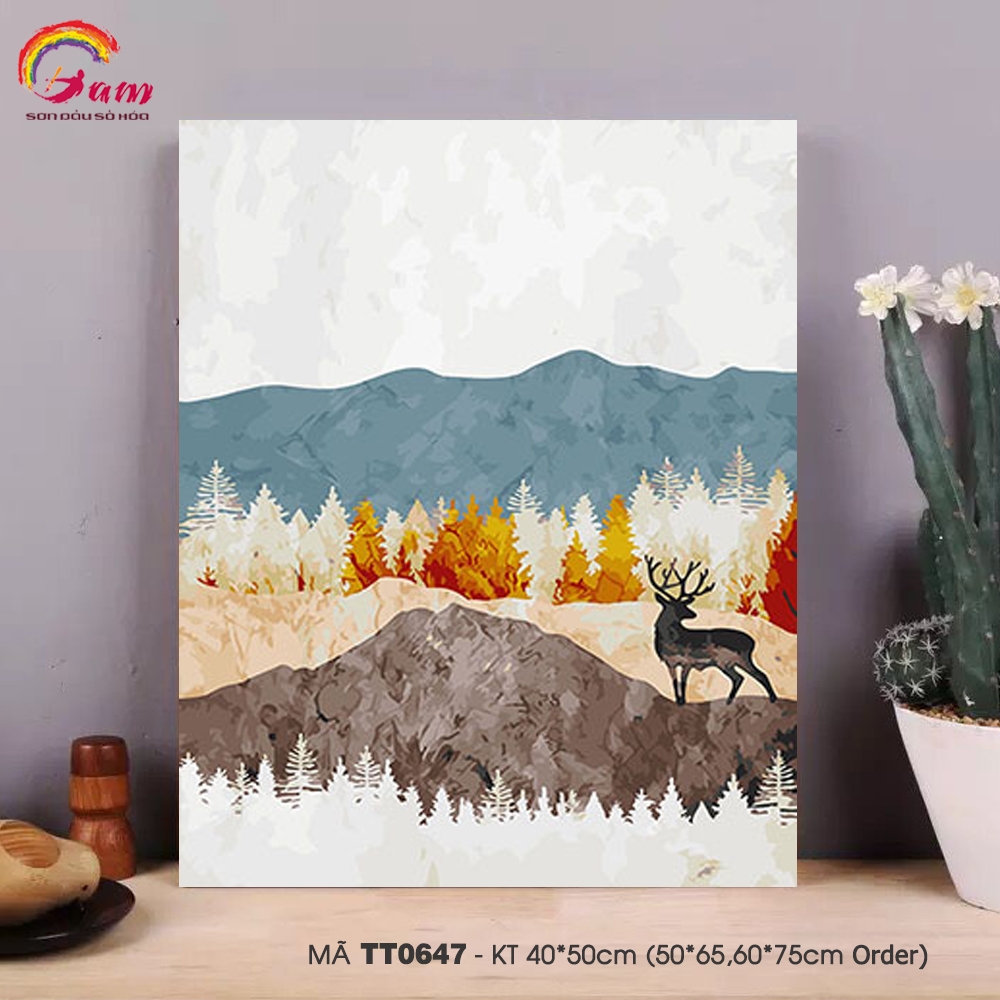 Tranh tự tô màu sơn dầu số hóa trừu tượng - Mã TT0647 Chú hươu tuần lộc trong rừng thông