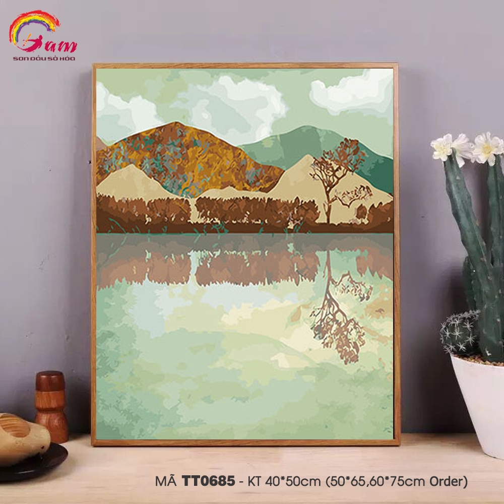Tranh tự vẽ tự tô màu theo số sơn dầu số hóa Gam hồ nước in bóng rừng núi TT0685
