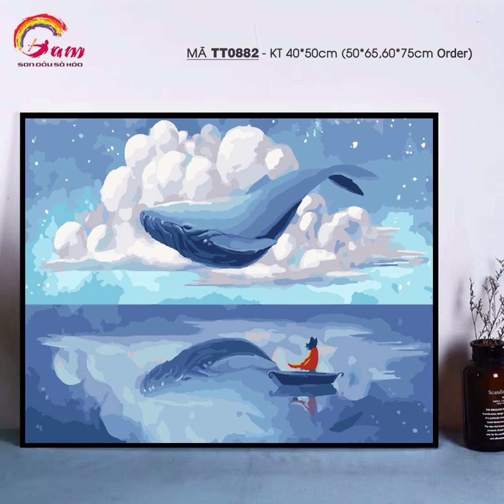 Tranh tô màu theo số sơn dầu số hóa Gam Tranh trừu tượng cá voi bay mã TT0882