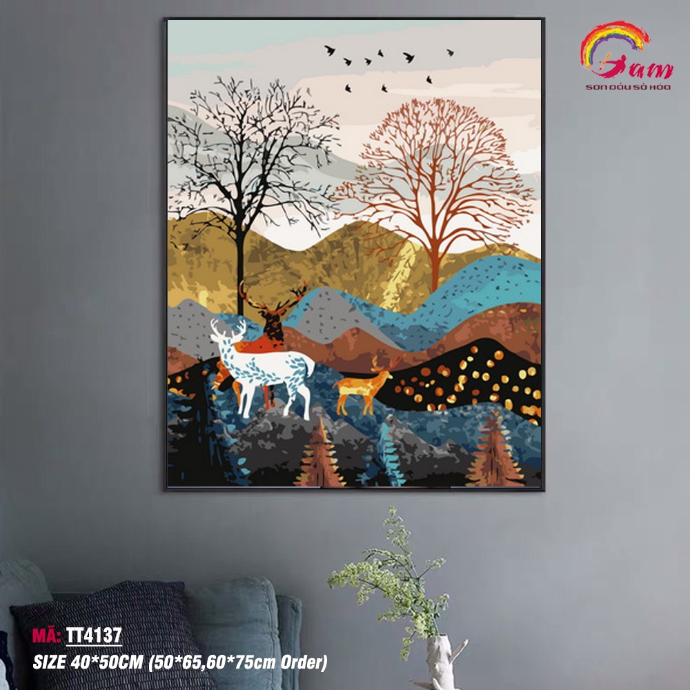 Tranh sơn dầu số hóa tự tô cho người lớn Gam trừu tượng Đàn hươu trong rừng TT4137