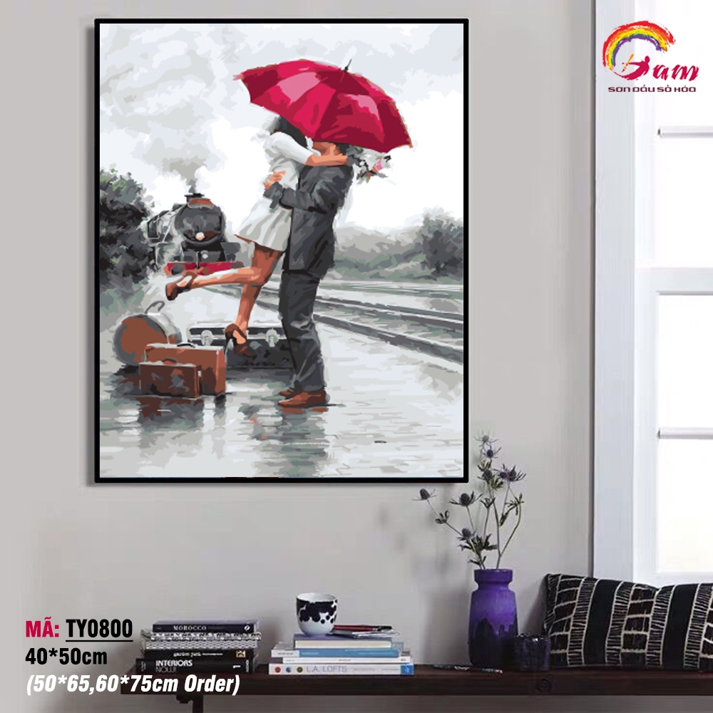 Tranh sơn dầu số hóa tự vẽ DIY tình yêu đôi lứa - Mã TY0800 Chiếc ôm ngày gặp lại