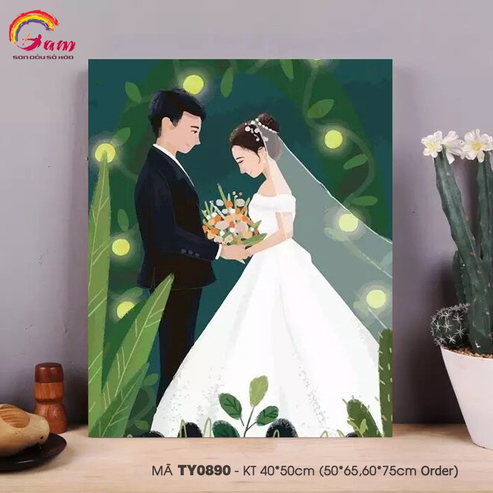 Tranh tô màu theo số sơn dầu số hóa Gam Tranh tình yêu váy cưới hôn lễ mã TY0890