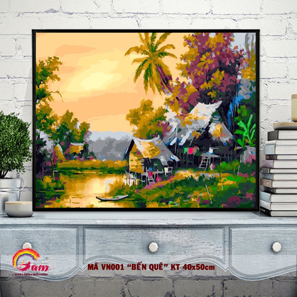 Tranh tự tô màu theo số sơn dầu số hóa Gam - Tranh làng quê thôn quê quê hương Việt Nam Bến quê mã VN001