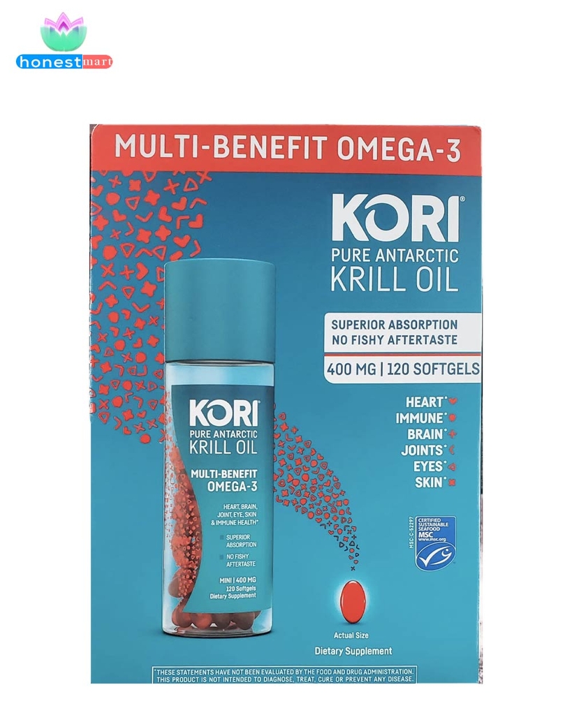 Dầu nhuyễn thể Kori Pure Antarctic Krill Oil Omega3 400mg Softgels 120 viên Honestmart
