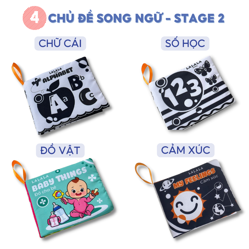 Combo Stage 2 - 4 Chủ Đề Sách Vải Cho Bé Lalala Baby Mẫu Mới - Đồ Vật, Cảm Xúc, Số Học, Chữ Cái