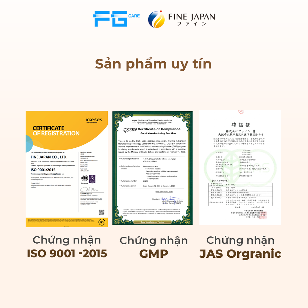 Chứng nhận mà Đông trùng hạ thảo dạng viên FIne Japan Cordyceps đạt được