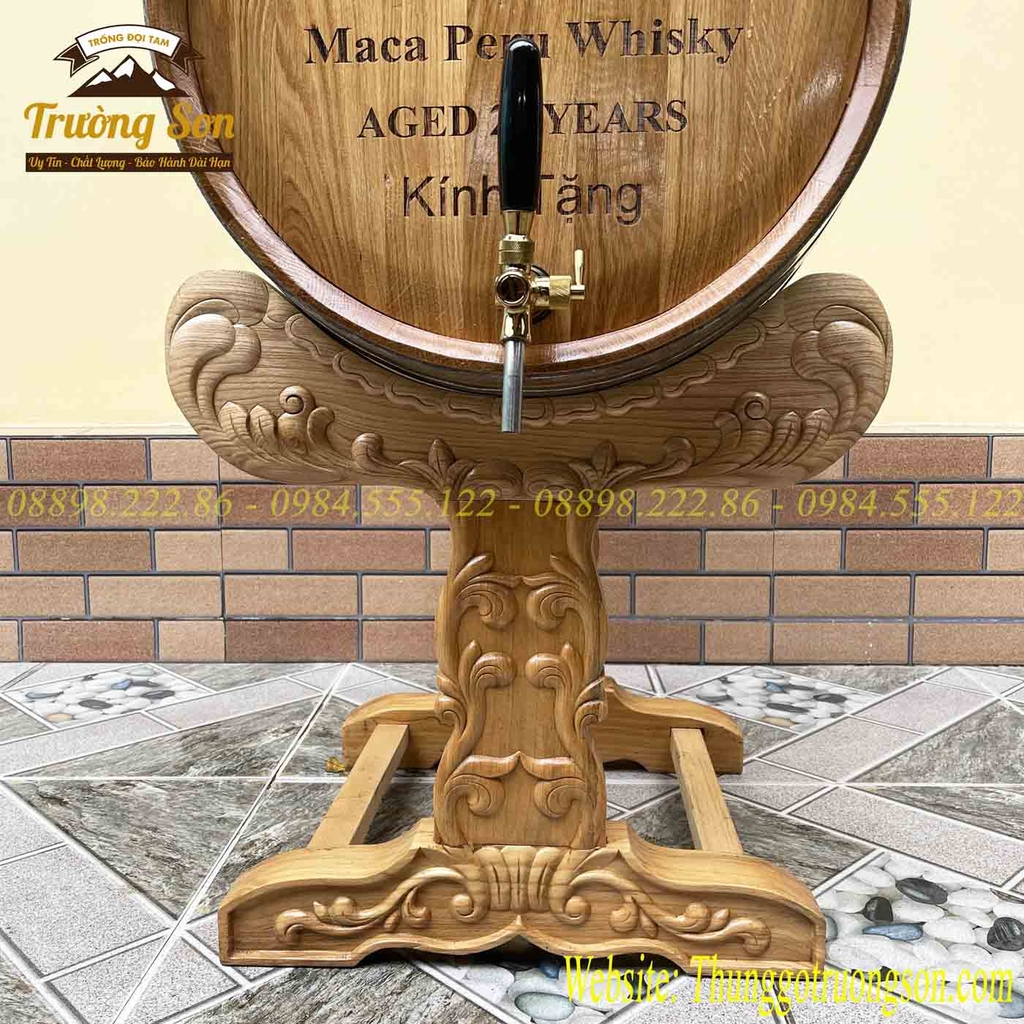 Thùng gỗ sồi 100 lít chân trạm khắc