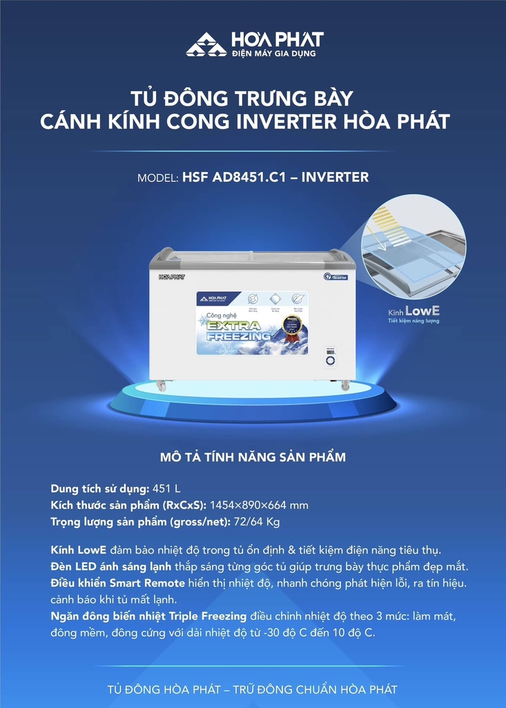 Tủ đông kinhs trưng bày Hòa Phát Inverter 1 ngăn 2 cánh HSF AD8357.C1