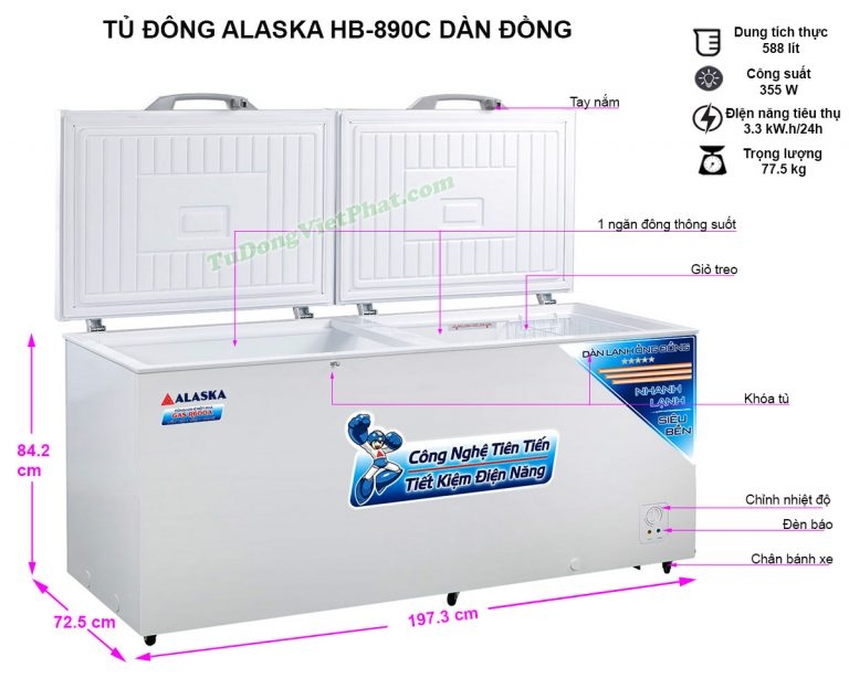 Tủ đông Alaska HB-890C 890L 1 ngăn đông dàn đồng