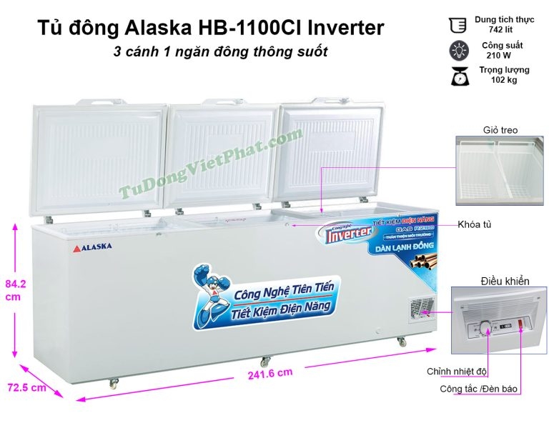 Tủ đông Alaska HB-1100CI Inverter 1100L 1 ngăn đông 3 nắp dỡ