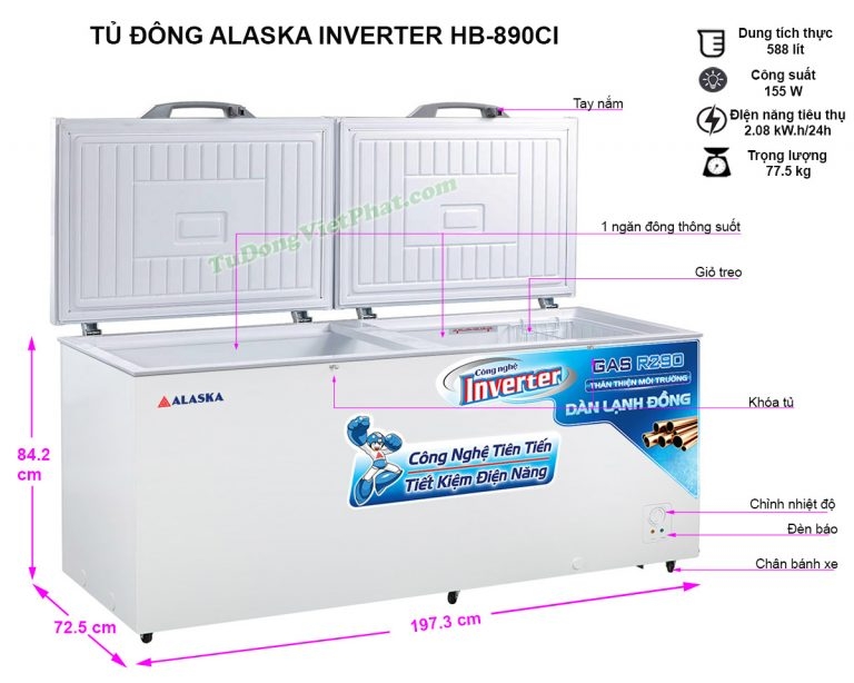 Tủ đông Alaska HB-890CI 890L Inverter 1 ngăn đông dàn đồng