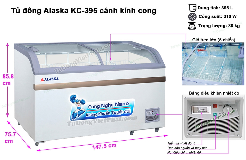 Tủ đông Alaska KC-395 mặt kính cong