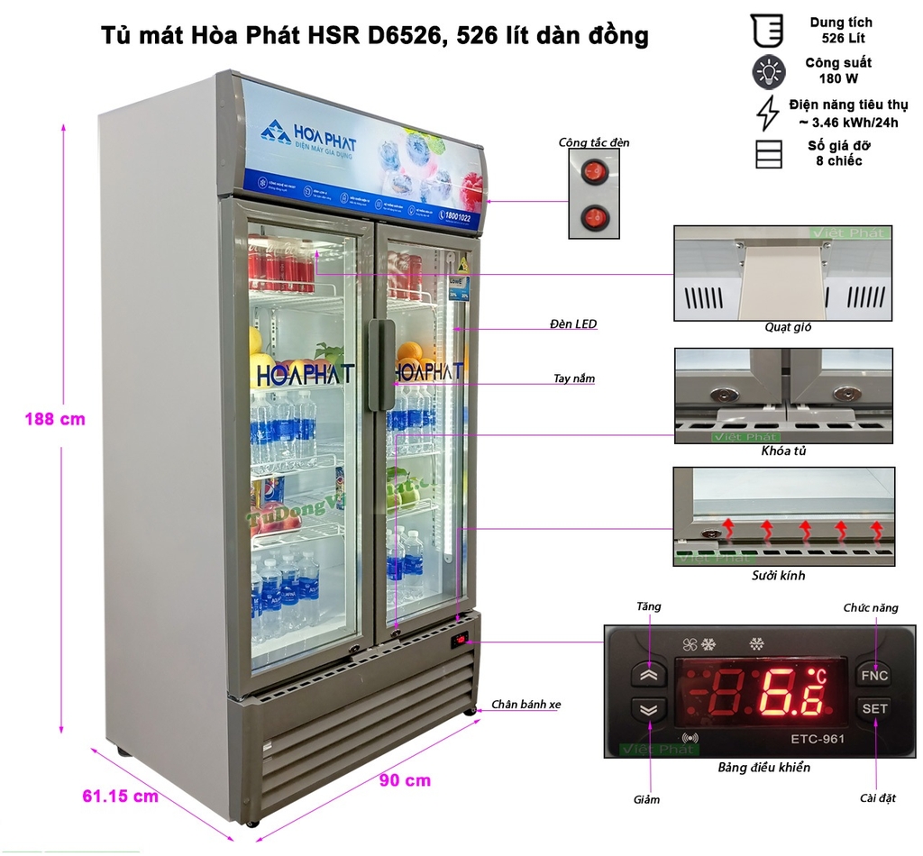 Thanh lý Tủ mát trưng bày Hòa Phát 1 ngăn 2 cánh HSR D6526 1000L