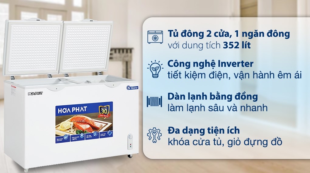 Tủ đông Hòa Phát Inverter 1 ngăn 1 chế độ đông HPF AD8352 400 lít 2 cánh mở