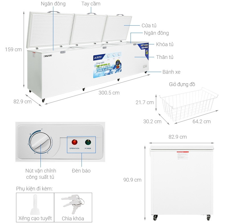 Tủ đông dung tích lớn Hòa Phát 1 ngăn 3 cánh HPF AD61190 1700L Dàn Đồng