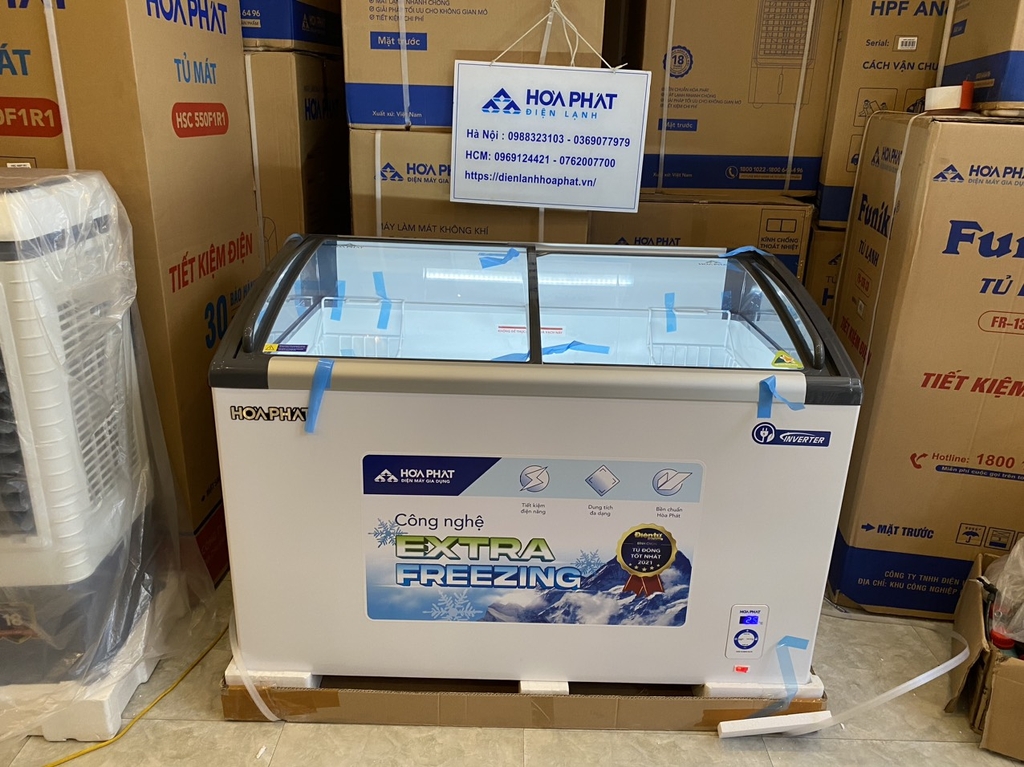 Tủ đông kính cong trưng bày Hòa Phát Inverter 1 ngăn 2 cánh HSF AD8357.C1 600 lít
