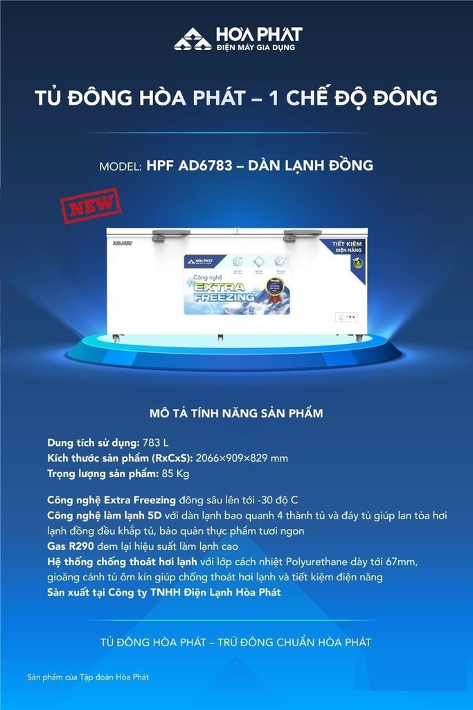 Tủ đông dung tích lớn Hòa Phát 1 ngăn đông , 2 cánh HPF AD6783 dài 2,1 mét