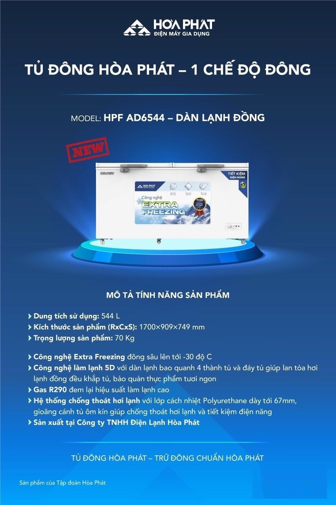 Tủ đông Hòa Phát 1 chế độ đông 544L dài 1,7m X 75cm CS 120W